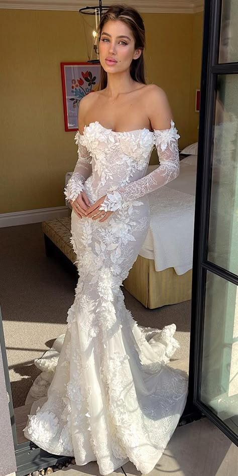 Lacy Wedding Dresses With Sleeves, Wedding Mermaid Dress, Strapless Lace Wedding Dress, Pallas Couture, Lace Applique Wedding Dress, Off Shoulder Wedding Dress, Lace Wedding Dress With Sleeves, Lace Wedding Dresses With Sleeves, Wedding Dress Guide