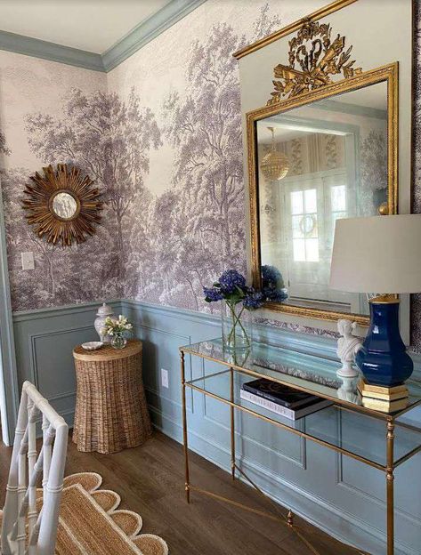 Blue Wainscoting, Stairwell Entryway, Transitional Colonial, Father Of The Bride House, Diys For Room, Dining Room Chair Rail, Wall Molding Ideas, Princess Room Ideas, Millennial Design