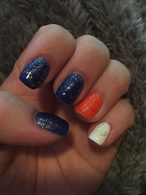 Denver Bronocs Nails! #BroncosCountry #Shellac Auburn Football Nails Designs, Okc Thunder Nails, Denver Broncos Nails Designs, Auburn Football Nails, Auburn University Nails, Auburn Nails Acrylic, Dark Blue And Orange Nails, Navy Blue And Orange Nails, Organge Nails