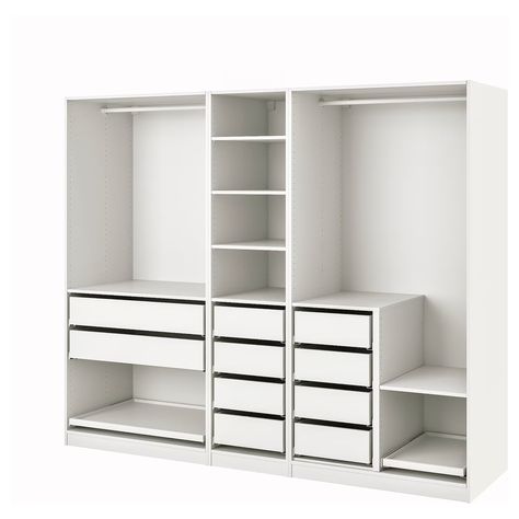 PAX wardrobe combination, white, 983/8x227/8x791/8" A wardrobe with a compartment for everything. For those who really love organizing each item, big or small, and still have a nice overview. Sorting on style or color is up to you. Ikea Wardrobe Hack, Ikea Closet Hack, Armoire Pax, Armoire Ikea, Ikea Crafts, Ikea Wardrobe, Ikea Closet, Ikea Pax Wardrobe, Closet Hacks