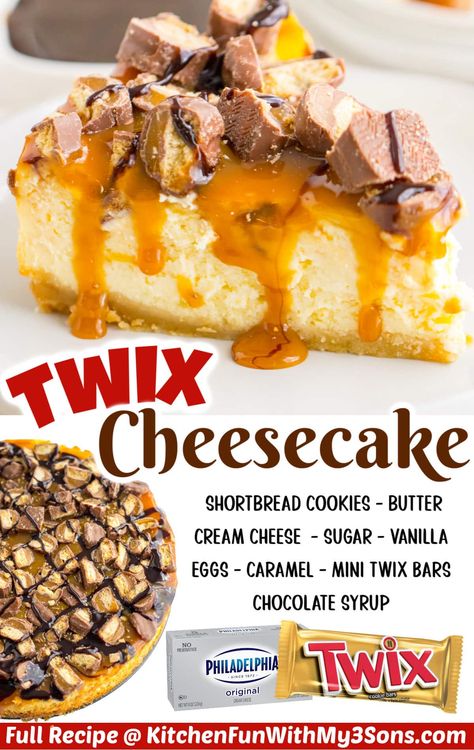 Twix Cheesecake Recipe, Twix Recipe, Twix Cheesecake, Twix Cake, Homemade Shortbread, No Bake Chocolate Cheesecake, Cheesecake Filling, Shortbread Crust, Homemade Snacks