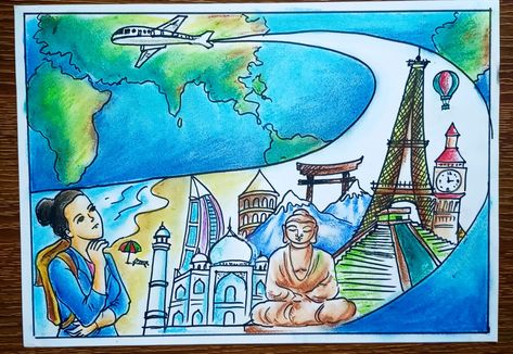 World Tourism Day Drawing, Travel Diaries Drawing For Competition, Tourism Drawing, Tourism In India A Growing Global Attraction Drawing, Indian Tourism Poster, Poster On Tourism In India, Tourism Day, Tourism, History