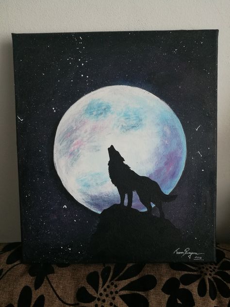 Wolf howling at the moon. Acrylic painting on canvas. #wolf #moon #acrylic #painting #fullmoon Howling Wolf Painting, Wolf Moon Painting, Wolf Moon Watercolor, Wolf And Moon Painting, Wolf Howling At The Moon Painting, Simple Wolf Painting, Painting Ideas On Canvas Intermediate, Wolf Painting Ideas, Wolf And Moon Drawing