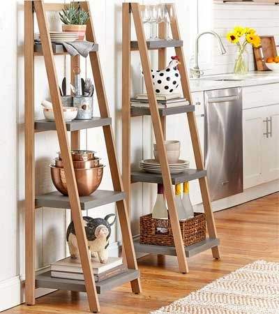 Farmhouse Latter Shelf, Ladder Style Shelf, Ladder Shelf In Kitchen, Ladder Shelving Ideas, Book Ladder Shelf, Latter Book Shelf, Ladder Shelves Bedroom, Ladder Shelf Kitchen, Kitchen Stand Shelf