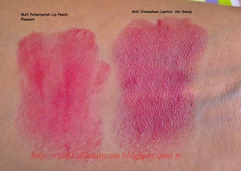 MAC Patentpolish Lip Pencil Pleasant__MAC Cremesheen Lipstick Hot Gossip, Hot Lipstick, Lip Pencil, Makeup Collection, Makeup Art, Bronzer, Highlighter, Bold Colors, Beauty Makeup, Mac