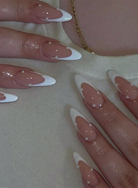 Multicolor  Collar    Color Nails Embellished   Beauty Tools Press On Nails White, Nails White French, Cute Almond Nails, White Almond Nails, White French Nails, Almond Nails French, Long Almond Nails, White Tip Nails, Almond Press On Nails