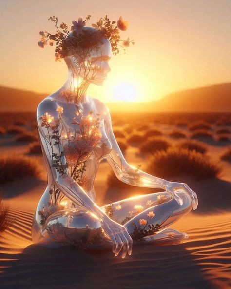 "Embracing the delicate balance of nature and humanity. 🌱 This ethereal figure reflects the beauty of life growing within us, illuminated by the warmth of a setting sun. A reminder that we are all deeply connected to the earth and its natural wonders. Let this serene moment inspire peace, reflection, and a deeper appreciation for the world around us. #NatureWithin" Follow @@visionarypixel2 for more awesome images #EtherealArt #SurrealBeauty #NatureInspired #DigitalArt #ArtisticVision #Sunse... Balance Of Nature, The Beauty Of Life, Serenity Now, Beauty Of Life, Setting Sun, Mystical Art, Ethereal Art, Environmental Art, Spiritual Art