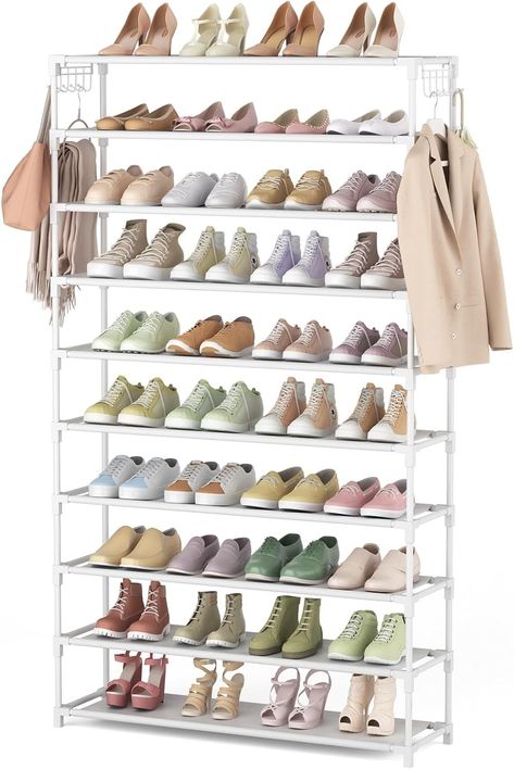 Amazon.com: LANTEFUL 10 Tiers Shoe Rack 50 Pairs Large Capacity Tall Shoe Organizer Sturdy Shoe Storage with Two Hooks Space Saving Metal Wide Shoe Rack for Closet, Entryway, Bedroom, Black : Home & Kitchen Shoe Rack For Closet, Hallway Shelf, Shoe Rack Closet, Bedroom White, Entryway Bedroom, Wide Shoes, Garden Storage, Shoe Organizer, Household Supplies