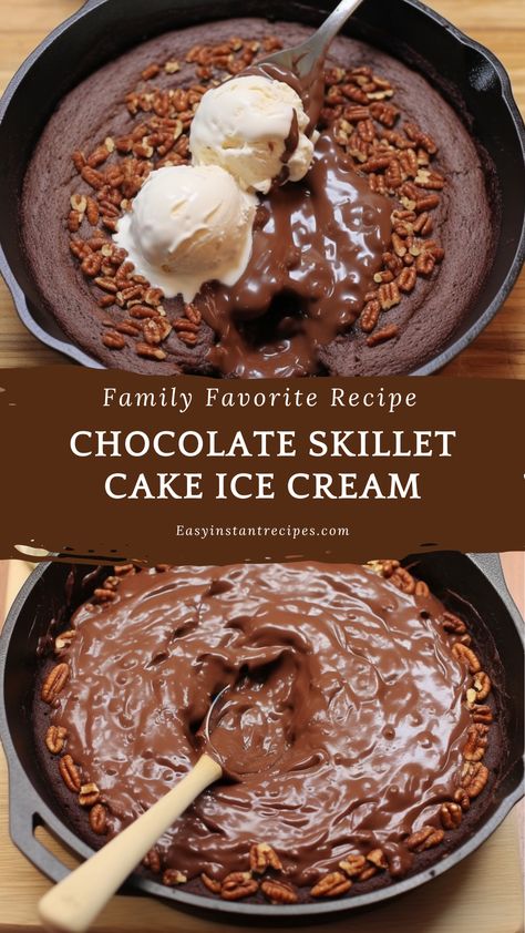 Chocolate Skillet Cake Ice Cream, Chocolate Skillet Cake, Skillet Cake, Buttered Vegetables, Easy Family Recipes, Cake Ice Cream, Recipes With Whipping Cream, Warm Cake, Instant Recipes