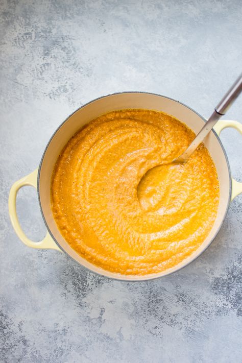 This vegan pumpkin and red lentil soup is hearty, healthy, and comforting. A delicious fall soup idea! Baby Pasta Sauce, Pumpkin Lentil Soup, Baby Pasta, Simple Spinach Salad, Butternut Squash Pasta Sauce, Balsamic Brussel Sprouts, Perfect Baked Potato, Red Sauce Pasta, Butternut Squash Pasta