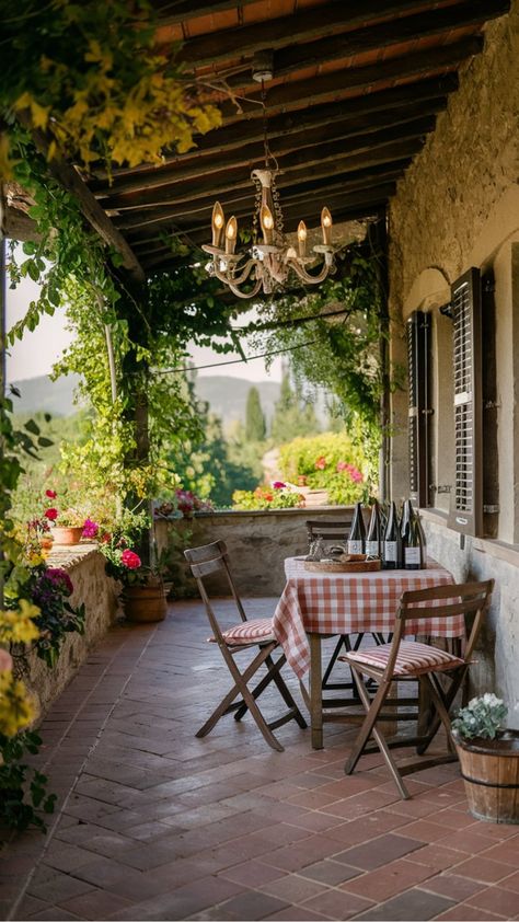 Relaxing Tuscany-Inspired Rustic Patio with Cozy Seating Tuscany Architecture Tuscan Style, Tuscany Inspired Backyard, Rv Enclosures, Italian Patio Ideas Tuscany Italy, Tuscan Outdoor Patio, Tuscan Patio, Italian Country Home, Italian Patio, Tuscany Home