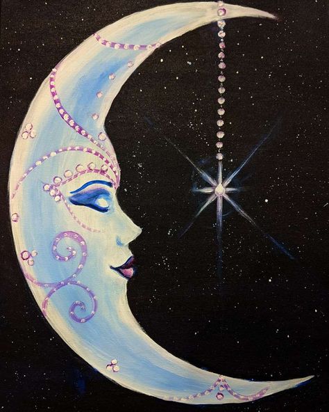 Dripping with dazzling diamonds in white... the Lady Moon sparkles and lights up the night! Grab your besties for a fun night out! #girlsnight #paintandsip #party #moon #sparkles Star And Moon Painting, Sun And Moon Painting Ideas, Moon Painting Ideas On Canvas, Euphoria Decor, Moon Painting Easy, Moon Painting Ideas, Sky Drawings, Moon Painting Acrylic, Sun Paintings