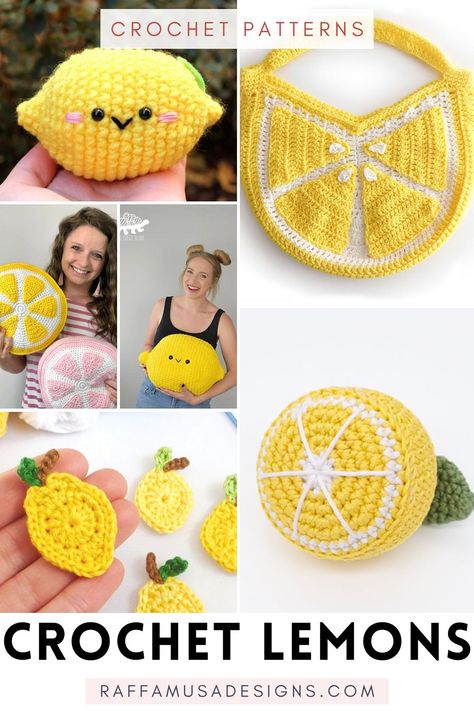 a collage of pictures showing crocheted lemons and lemony patterns Yellow Amigurumi Free Pattern, What To Crochet With Yellow Yarn, Things To Crochet With Yellow Yarn, Lemon Granny Square Crochet, Yellow Things To Crochet, Crochet Lemon Pattern Free, Yellow Crochet Ideas, Lemon Granny Square, Crochet Lemon Pattern