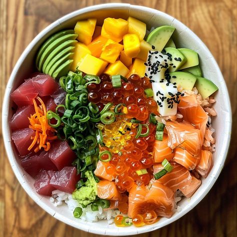 Poke Bowl Recipe Ingredients: For the Base: Sushi rice: 2 cups (cooked according to package instructions) Rice vinegar: 2 tablespoons Sugar: 1 tablespoon Salt: 1/2 teaspoon For the Toppings: Fresh tuna: 1/2 pound, sushi-grade, diced Fresh salmon: 1/2 pound, sushi-grade, diced Avocado: 1, sliced Mango: 1, diced Cucumber: 1, diced Green onions: 3, sliced Carrots: 1, julienned Salmon roe (ikura): 1/4 cup Black sesame seeds: 1 tablespoon Pickled ginger: optional Wasabi: optional For the Sauce: ... Poke Bowl Tuna, Preppy Recipes, Poke Bowl Salmon, Sushi Bowl Healthy, Buda Bowl, Ikura Sushi, Mango Sushi, Salmon Poke Bowl Recipe, Salmon Poke Bowl