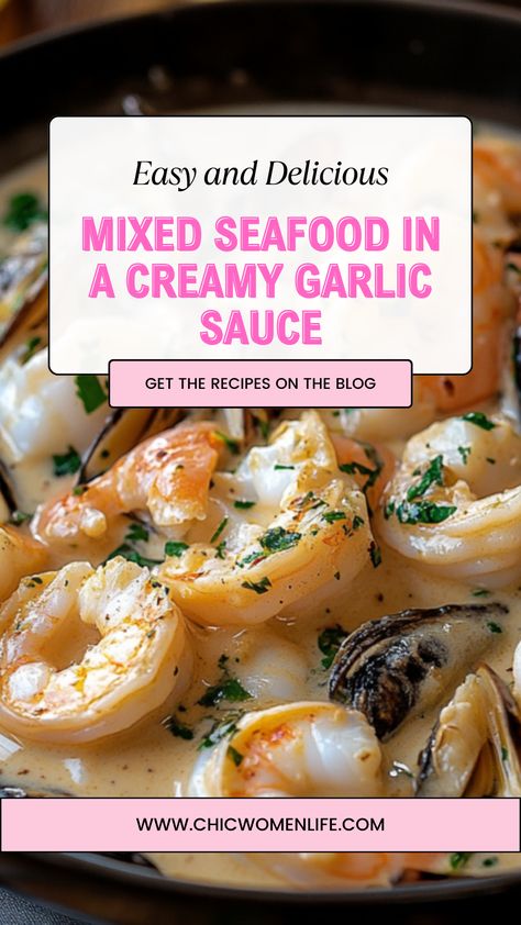 Mixed Seafood in a Creamy Garlic Sauce Seafood In White Wine Sauce, White Sauce For Seafood, Creamy Garlic Sauce For Seafood, Seafood Melody Recipes, White Seafood Sauce, Seafood Recipes Sauce, Seafood Garlic Butter Sauce, Cream Sauce For Seafood, Aldi Seafood Mix Recipes