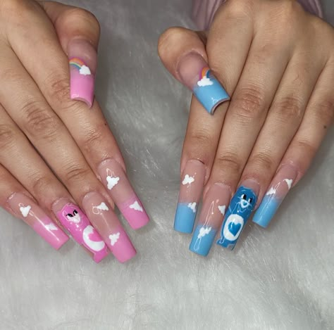 Care Bear Nail Art, New Trend Nails, Care Bear Nails, Reveal Nails, Bear Nail Art, Gender Reveal Nails, Bear Nails, Trend Nails, Bear Baby Shower Theme