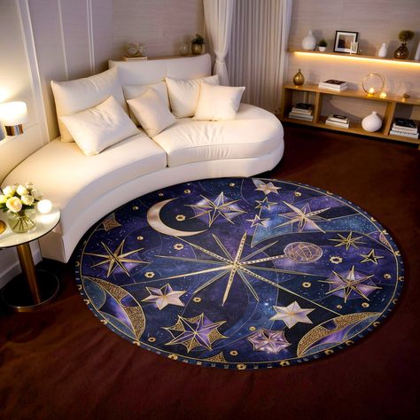 Introducing our exquisite Round Celestial Art Deco Rug - a perfect blend of vintage charm and celestial beauty that will elevate your home decor. This stunning rug features an intricate Art Deco design adorned with moons and stars, rendered in rich shades of purple, blue, and gold. The sophisticated pattern and vibrant colors create a luxurious and enchanting look that will transform any room into a stylish sanctuary. Crafted from high-quality polyester, its resilient construction makes it ideal Spacecore Bedroom, Moon Room Aesthetic, Space Aesthetic Room, Celestial Living Room, Surrealism Decor, Celestial Room Aesthetic, Celestial Bedroom Decor, Space Room Decor, Celestial Room