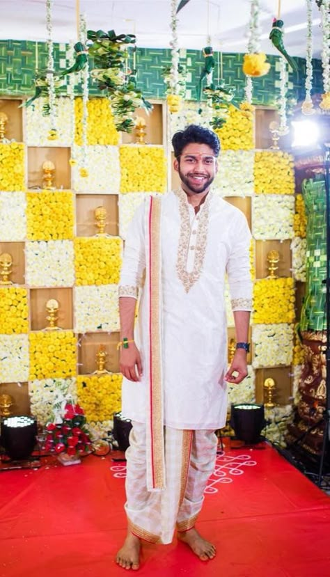 Dhoti Wedding Men, Pellikoduku Function Outfit For Men, Pattu Pancha For Men Wedding, Pelli Dress For Men, Talambralu Dress For Men, Groom Dhoti Wedding, Dhoti For Men Indian Weddings, Pelli Koduku Dress Indian, Pellikoduku Function Outfit