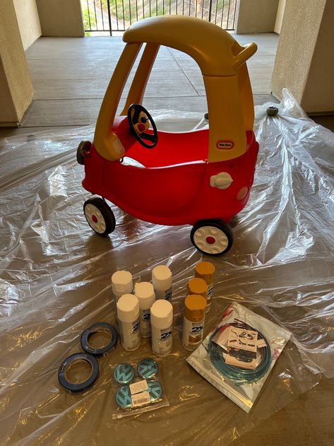 Little Tikes Coup –> VW van DIY – On Another Coast Diy Volkswagen Cozy Coupe, Tiny Tikes Car Makeover, Vw Little Tikes Car, Painting Little Tikes Car, Paint Cozy Coupe, Painted Little Tikes Car, Bluey Photoshoot, Diy Little Tikes Car Makeover, Little Tykes Car Makeover Cozy Coupe