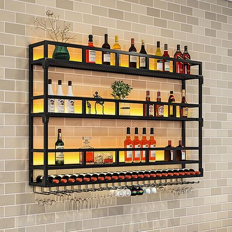 Wall Mounted Wine Rack,Iron Material,Black,Floating Glass Wine Display Holder Home Liquor Shelf Bar Bottle Organization Cabinets,Wine Storage Rack,For Kitchen Dining Room Decor ( Size : 100X25X90cm/39 Liquor Bottle Wall Display, Liquor Shelf Ideas Display, Glass Wine Display, Liquor Shelf Ideas, Bar Shelf Ideas, Bottle Organization, Organization Cabinets, Liquor Rack, Kitchen Dining Room Decor