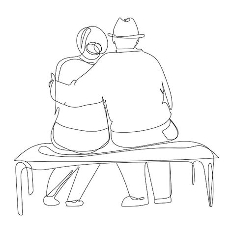 Elderly Couple Drawing, Old Couple Tattoo, Old Love Drawing, Old Couple Doodle, Line Art Design Couple, Old Couple Drawing, Old Couple Art, Old Couple Illustration, Old People Art