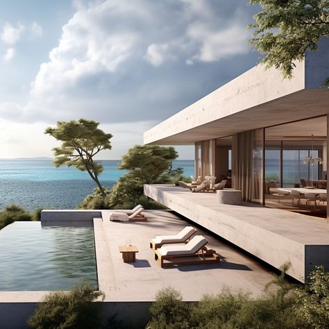 Design explorations of a home where the ocean breeze greets you every morning? 🏖️ Designing contemporary terraced villas in front of the sea offers a perfect fusion of luxury, modernity, and nature.
The villa is designed to maximize ocean views, providing stunning panoramas from every room. 🌅🏠
Expansive glass walls and sliding doors blur the line between indoors and outdoors. 🌿🏡 House In Front Of The Sea, Outdoor Sunbed, Modern Terrace House, Croquis Architecture, Beach House Modern, Modern Glass House, Ocean Front Homes, Australia House, Modern Balcony