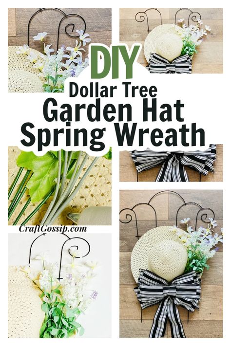 Spring Garden Dollar Tree Hat Wreath — CraftBits.com Garden Hat, Hat Wreath, How To Make Snowflakes, Baby Hangers, Hanger Crafts, Easter Wreath Diy, Gardening Hat, Easter Hats, Black And White Ribbon