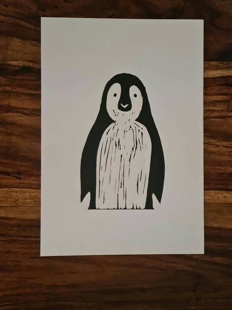 The penguin is a hand carved lino print. It is printed in black oil-based ink on off white Japanese wood block printing paper.  The print measures 193mm by  280mm Every print is hand-printed so detail and colour might vary slightly. Lino Print Pattern, Linoleum Printmaking, Woodcut Art, Print Christmas Card, Linocut Printmaking, Lino Art, Linocut Art, Wood Block Printing, Stamp Printing