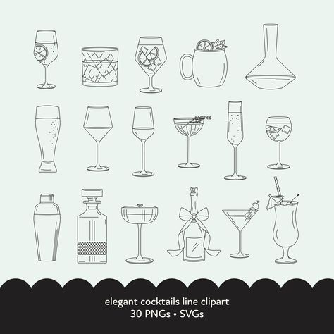 Cocktail Line Art, Cocktails Clipart, Specialty Drinks, Food Tattoos, Cocktail Illustration, Bar Menu Wedding, Party Clipart, Svg Wedding, Alcohol Drinks