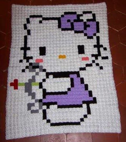 Pixel Hello Kitty, Crochet Blanket Diagram, Pixel Crochet Blanket, Kat Haken, Corner Crochet, Hello Kitty Blanket, Hello Kitty Crochet, Crocheted Blanket, Pixel Crochet