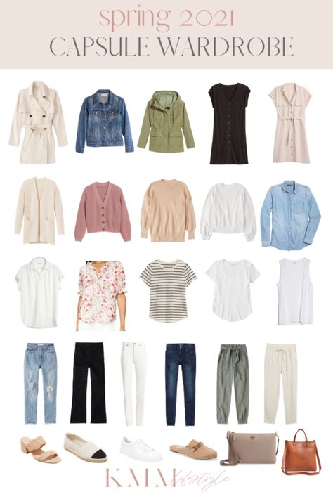 2021 Spring Capsule Wardrobe | KMM Lifestyle Spring Work Capsule Wardrobe, Spring Capsule Wardrobe Casual, Casual Spring Capsule Wardrobe, Spring Capsule Wardrobe 2022, Travel Capsule Wardrobe Spring, Clothes Capsule Wardrobe, Create Capsule Wardrobe, 60 Outfits, Capsule Wardrobe Casual