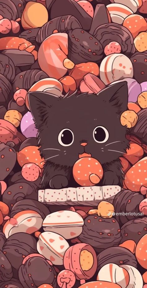 Black Cat Drawing Wallpaper, Black Cat Wallpaper Aesthetic Art, Kawaii Black Cat Wallpaper, Black And Orange Cat Wallpaper, Spooky Black Cat Wallpaper, Elf Is Back Ideas, Wallpaper Gatos, Cute Animal Drawings Kawaii, Cat Wallpaper