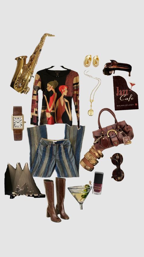 Jazz club outfit #france #jazz #outfit #cmbyn Jazz Themed Party Outfit, Jazz Dress Outfits, Jazz Outfit Aesthetic, Jazz Inspired Outfits, New Orleans Jazz Aesthetic, Jazz Club Aesthetic Outfit, Jazz Outfits Style, Jazz Outfits Style Woman, Cmbyn Outfit