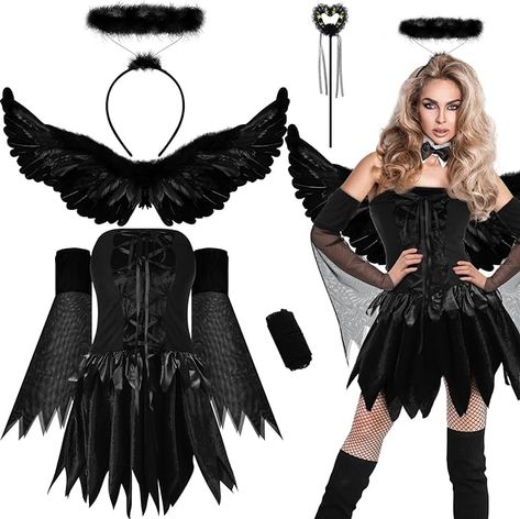 5 Piece Halloween Fallen Dark Angel Costume Set for Women Dark Angel Dress Feathered Wings Fishnet Tights Headband Wand, Each product we feature has been independently selected and reviewed by our editorial team. As an Amazon Associate, we may earn a commission. Dark Angel Costume Diy, Dark Angel Halloween Costume, Angel Costume Diy, Dark Angel Costume, Mom Halloween Costumes, Angel Halloween Costumes, Mom Costumes, Feathered Wings, Fairy Cosplay