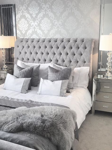 Modern French Bedroom, Grey Bedroom Design, Silver Bedroom, Grey Bedroom Decor, Simple Bedroom Design, French Bedroom, Luxury Bedroom Design, Dekorasi Kamar Tidur, Grey Bedroom