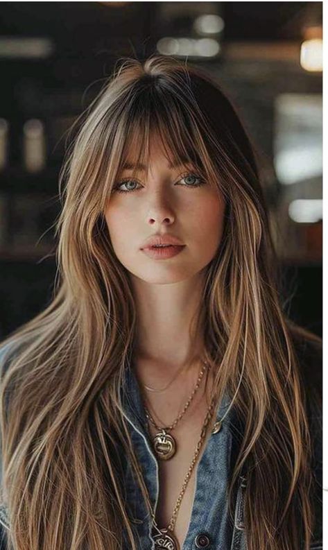 Long Hair One Length With Bangs, Long Hair Layers Hairstyles, Long Hair With Long Fringe, Long Haircut With Fringe Bangs, Long Layered Hair And Bangs, Face Framing Highlights With Fringe, Long Hair With A Fringe, Long Hair With Long Bangs And Layers, Beautiful Layered Hair