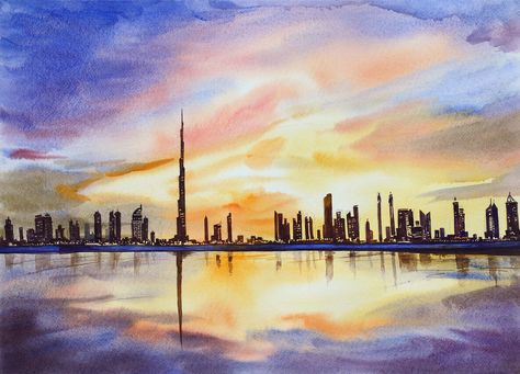 Dubai cityscape always fascinates me to create a beautiful painting. Burj Khalifa surrounded by tall towers forms the most beautiful skyline of the world.  It is a watercolour painting of the beautiful skyline of Dubai. Burj Khalifa is the centre of attraction and also dominating the cityscape. The mesmerising multicolour clouds are creating a unique design in the sky. Reflection of the cityscape and sky in the water is impeccable. It seems tall multi store building are creating embroidery. Cityscape Dubai, Dubai Sunset, City Reflection, City Scape Painting, Cities Painting, City Dubai, Dubai Skyline, Skyline Painting, Art Realism