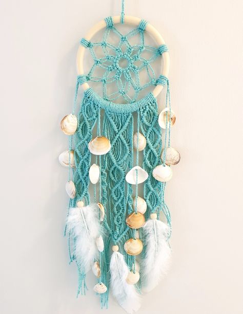 Aquamarine/turquoise coloured 1mm macrame cord with hand collected seashells from Western Australian beaches, with white feathers. Seashell Dreamcatcher, Money Making Projects, Diy Dream Catcher Tutorial, Beachy Room Decor, Macrame Crafts, Beautiful Bathroom Decor, Dream Catcher Tutorial, Sea Blue Color, Hair In The Wind