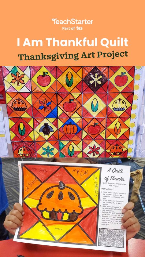 Create an “I Am Thankful” Quilt to display for Thanksgiving with a printable collaborative quilt template. Thanksgiving Art 2nd Grade, Thanksgiving Art Therapy, Thanksgiving Art Projects 3rd Grade, Thanksgiving Art For Elementary Students, 6th Grade Thanksgiving Art Projects, Thankful Art Projects, Thankful Art Projects For Elementary, Thanksgiving Art For Middle School, Quilt Preschool Activities