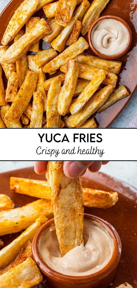 This dish is a popular treat in many Latin American countries and is gaining popularity worldwide for its unique taste and texture. Making Yuca Fries at home is easy and the results are simply fantastic! Your whole family will love these. The best part? They are healthier than your regular fries! Yucca Fries Sauce, Yuca Fries Sauce, Yuca Air Fryer, Yucca Fries Air Fryer, Yuca Fries Air Fryer, Yuka Fries, Vegetarian Dips, Fried Yuca, Yuca Fries