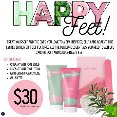 👀 SURPRISE! So excited! Forget spring cleaning; who doesn't love some springtime self-care? Heel-to-toe pampering without leaving the comfort of your home. *** Not posted on MK websites until tomorrow, so message me today because these will go fast! Set Includes: 💚 Nail Buffer 💚 Heart-Shaped Pumice Stone 💚 Rosemary Mint Foot Scrub 💚 Rosemary Mint Foot Lotion Mary Kay Spring, Mary Kay Christmas, Timewise Miracle Set, Mary Kay Marketing, Mary Kay Consultant, Mary Kay Cosmetics, Mary Kay Business, Pedicure Set, Foot Scrub