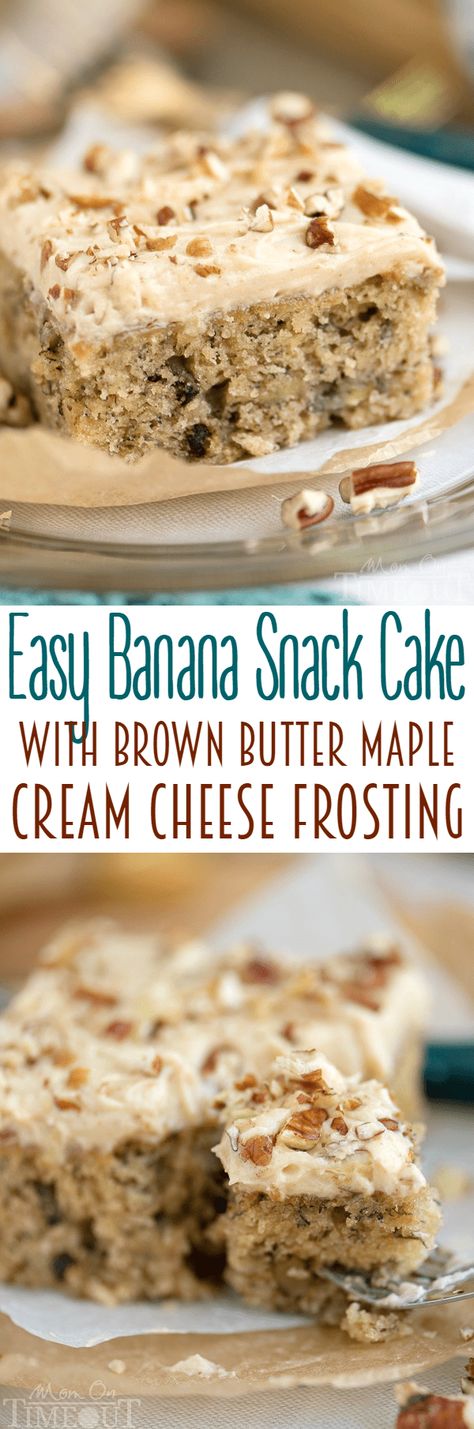 Easy Banana Cake with Brown Butter Maple Cream Cheese Frosting - just the recipe you were looking for to use up those ripe bananas! I hate throwing out extra ripe bananas and am always looking for ways to use them in baking. This cake is one of our favorites! // Mom On Timeout #bananacake #cake #recipe #desserts #baking #snackcake #maple #brownbutter #creamcheesefrosting Bananas Cakes, Banana Snack Cake, Banana Cake Recipe Easy, Banana Cakes, Maple Cream Cheese Frosting, Maple Cream Cheese, Banana Chocolate Chip Cookies, Mom On Timeout, Banana Cake Recipe