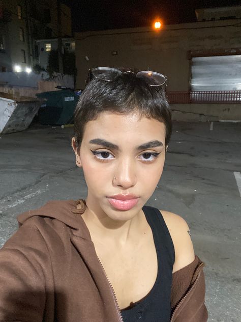 Long buzzcut, pretty girl, dominican short hair Growing Out Buzzcut Curly Hair, Short Hairstyle Women Buzzed, Long Buzzcut Women Pixie Haircuts, Out Grown Buzzcut, Brunette Buzzcut Women, Very Short Hair Round Face, Buzzcut Feminine, Buzzcut On Women, Cute Buzzcuts For Women