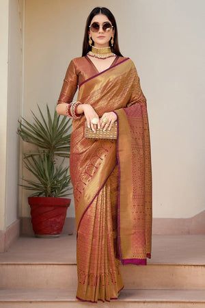 Buy Best Kanjivaram Saree Online By Karagiri | 75% Off + 25% Off Golden Saree, Kanjivaram Sarees Silk, Traditional Necklace, Saree Wearing, Kanjivaram Saree, Wedding Saree Collection, Golden Colour, Boho Dresses Long, Kanjivaram Silk Saree