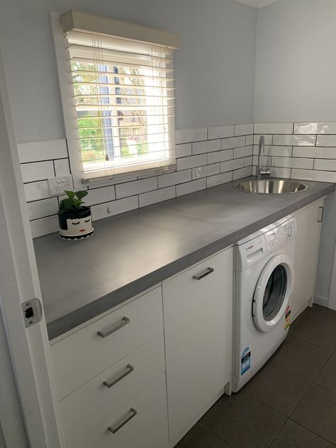 Concrete Benchtop Laundry, Concrete Laundry Room, Laundry Benchtop, Laundry Bench, Concrete Benchtop, Pavilion House, Laundry Renovation, Concrete Vanity, Modern Laundry