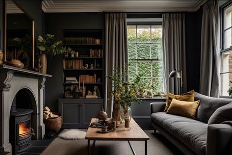 Room With Dark Floors, Living Room With Dark Floors, Cosy Interior Design, Floor Length Curtains, Dark Moody Living Room, Living Room Cosy, Neutral Floor, Moody Living Room, Neutral Flooring