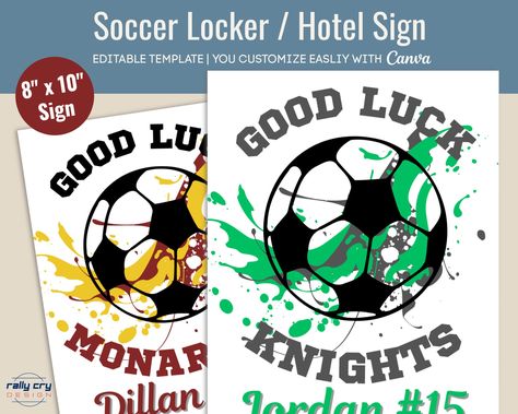 Excited to share the latest addition to my #etsy shop: Good Luck Soccer locker decoration, Team Hotel door sign, Tournament Team spirit sign, Travel name tag, Customizable Canva Template SCC015 #soccerlockersign #soccerlockertag https://etsy.me/3Iu2EJC Hotel Door Decorations Sports, Football Team Locker Decorations, Soccer Locker Decorations, Football Locker Tags, Vball Locker Decorations, Soccer Team Hotel Door Signs, Soccer Door Signs Tournament, Soccer Locker, Club Soccer