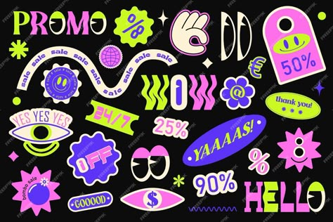 Premium Vector | Collection of trendy promo labels tags stickers stamps for shopping and packaging discounts vector set y2k modern trend Y2k Illustration, Pop Art Stickers, Y2k Stickers, Shopping Bag Design, Y2k Modern, Resume Portfolio, Graphic Shapes Design, Graphic Shapes, Shapes Design