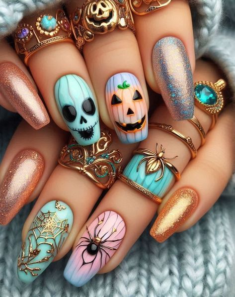 Dark teal nails with intricate fall foliage stamping bring the beauty of autumn to your fingertips. The rich fall nail colors and detailed leaf designs make these nails a standout choice for the season. Find more fall nail ideas and fall nail inspo at nailhow.com. 🍁🍃 Fall Halloween Nail Ideas, Amazing Halloween Nails, Floral Halloween Nails, September Nail Design, Halloween Color Nail Ideas, Glow In The Dark Nail Art, Dark Witchy Nails, Nails Art Halloween, Dark Fall Nails