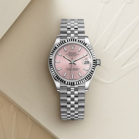 The classic watch of reference. The Rolex Datejust 31 in Oystersteel and white gold, 31 mm case, pink dial, a Jubilee bracelet. #Rolex #Datejust Rolex Datejust Pink, Rolex Dayjust Woman, Rolex Date Just 31 Mm, Pink Watches Women, Rolex Pink Dial, Rolex Datejust 31 Women, Pink Rolex Watch, Womens Rolex Watches, Rolex For Women